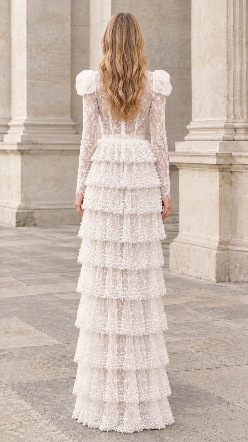 Back full-length view of ivory high-neck lace dress with tiered skirt