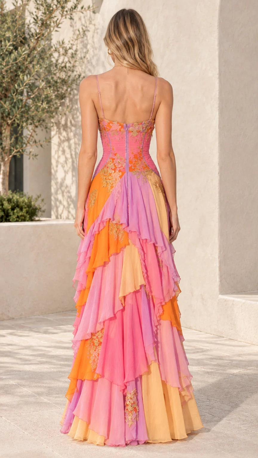 Back view of model wearing Sunset Multi tiered ruffle embroidered evening dress