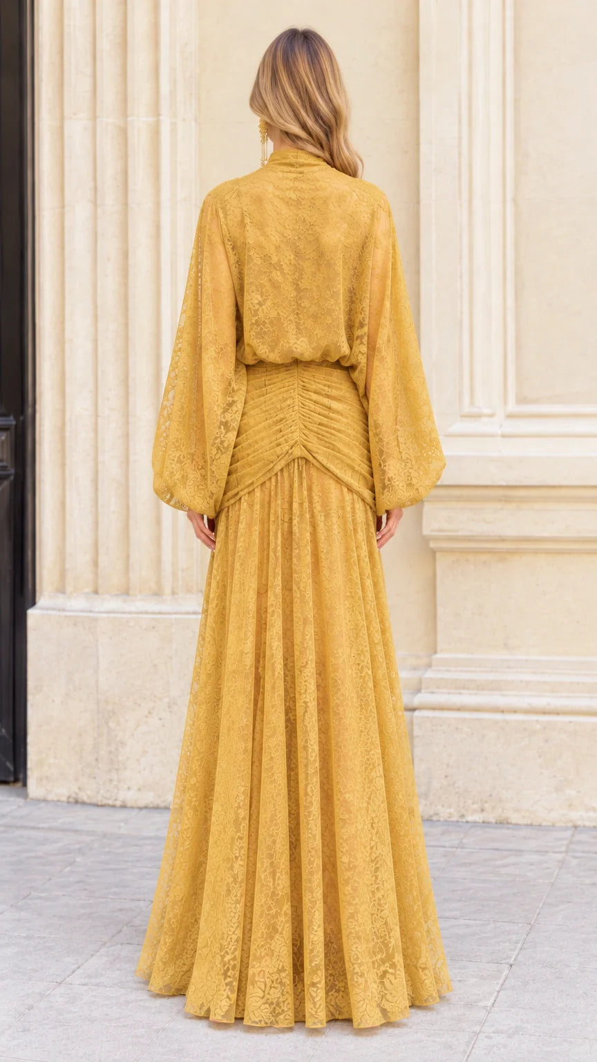 Back view of model wearing Mustard Yellow high neck lace maxi dress with ruched waistline