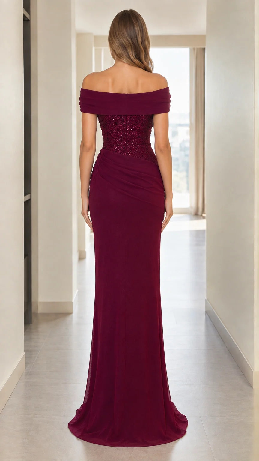 Back view of woman wearing burgundy off-the-shoulder formal maxi dress
