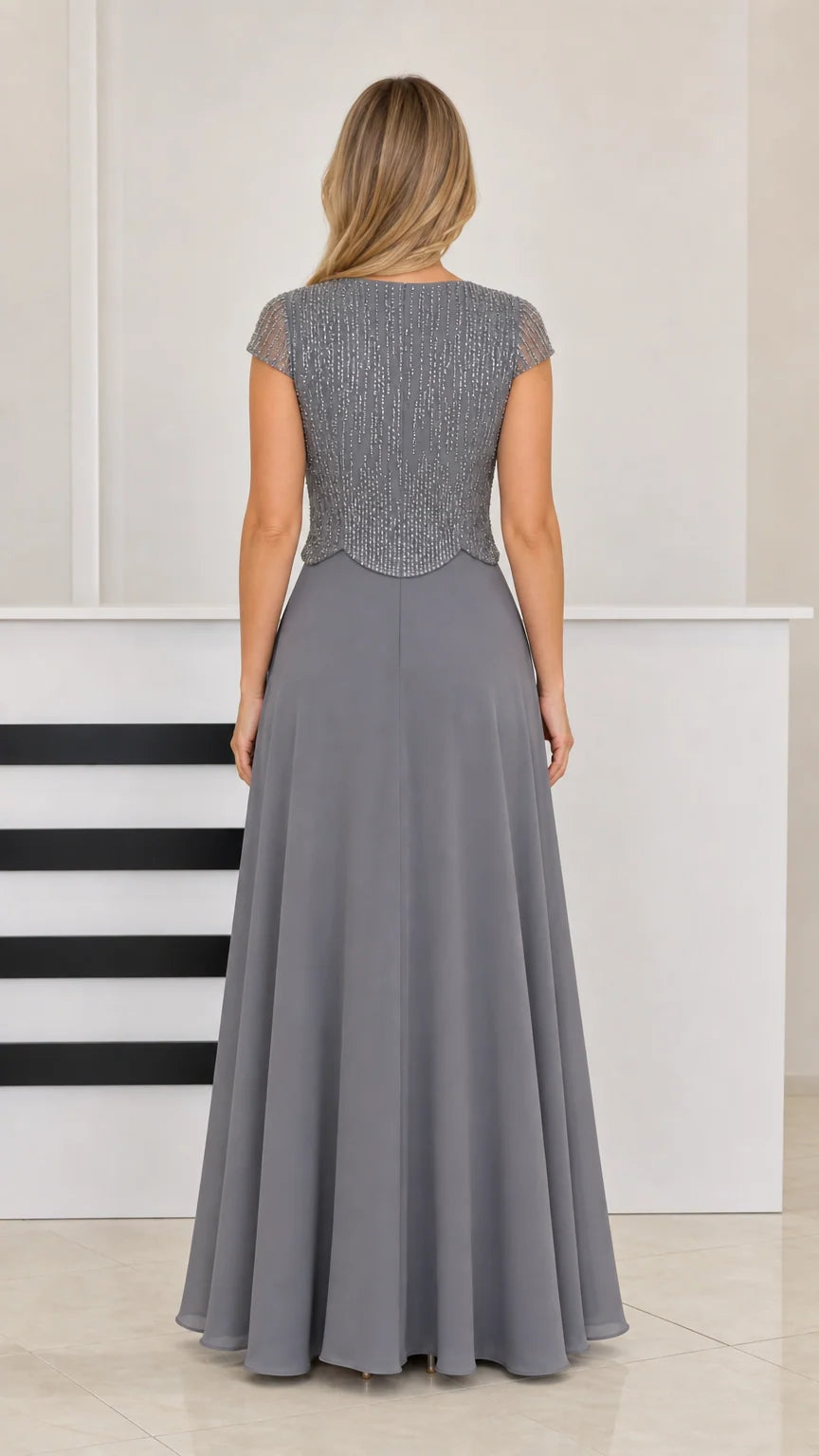 Back view of Slate Gray floor-length beaded chiffon evening gown