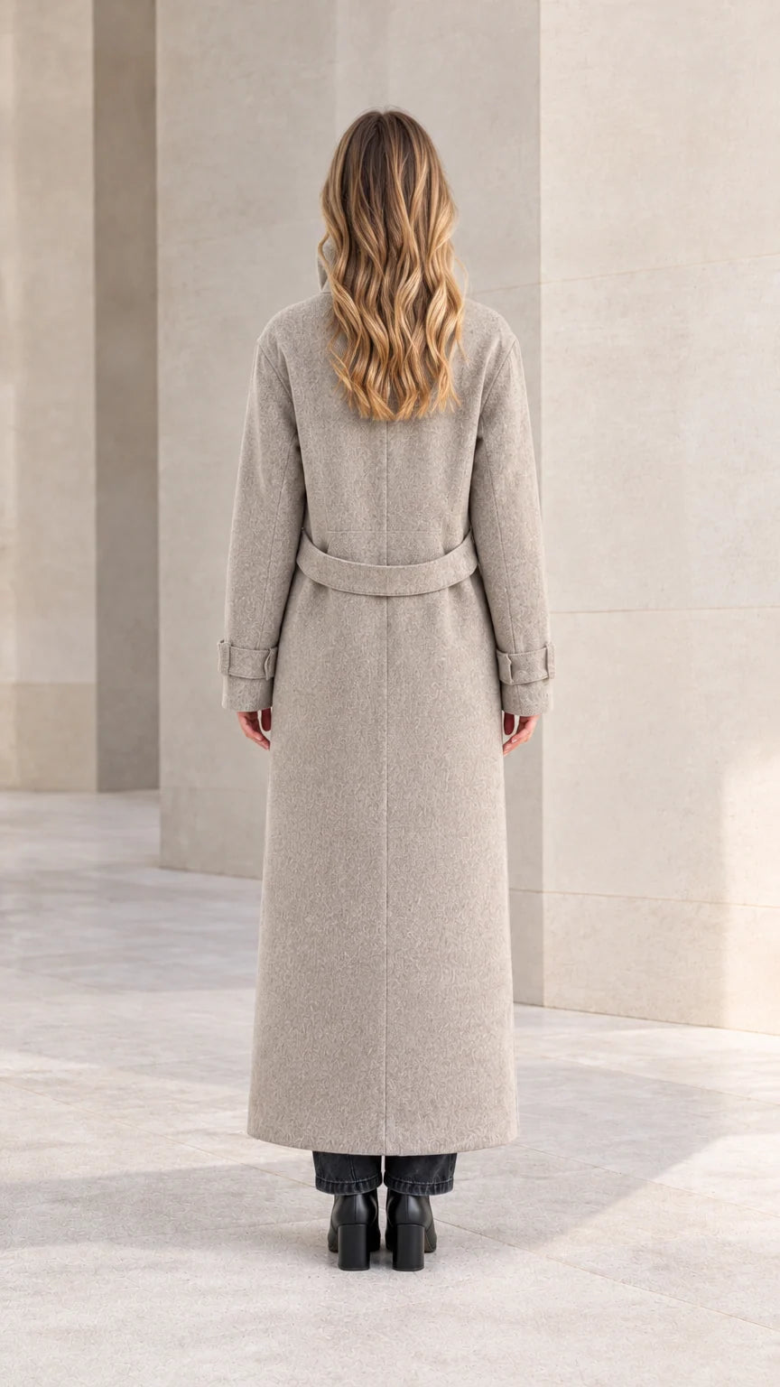 Back view of woman wearing heather grey maxi coat with back waist tab detail