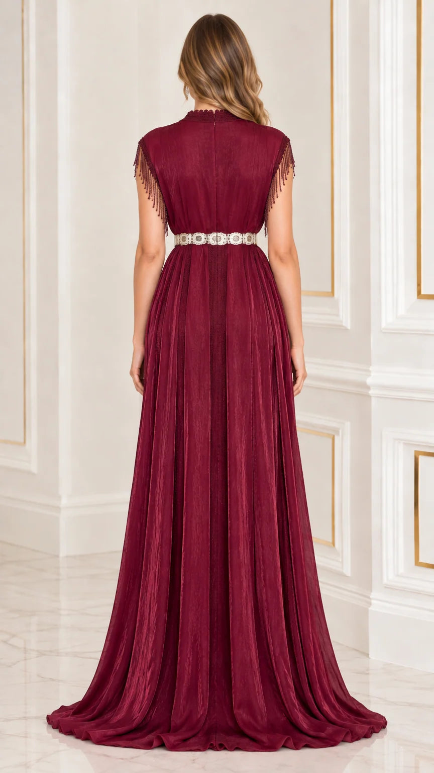 Back view of burgundy pleated maxi dress with belted waist