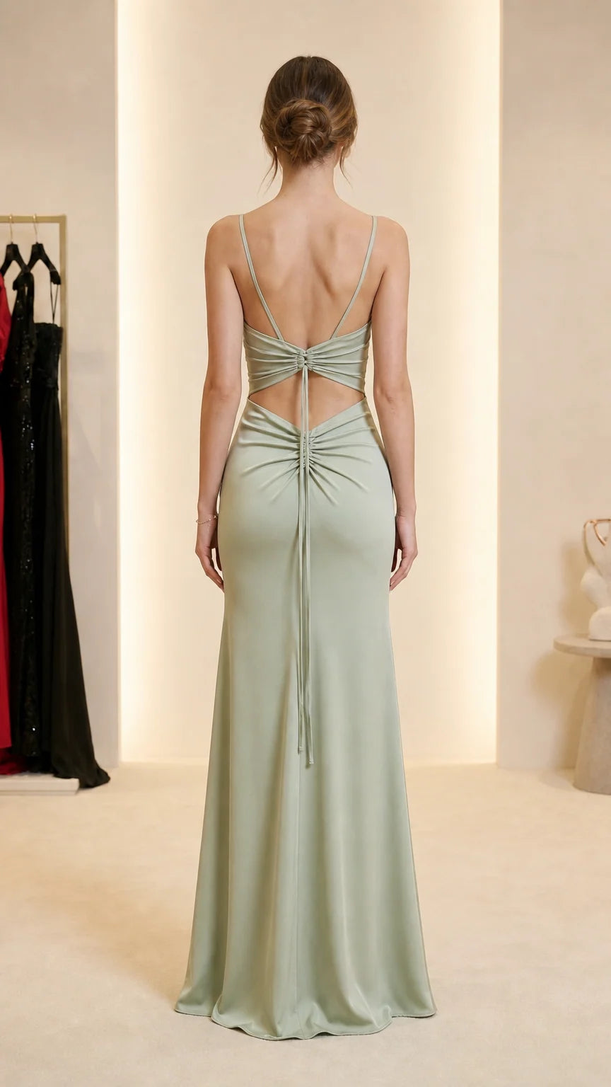 Back view of sage green evening gown showing back cutout and gathering