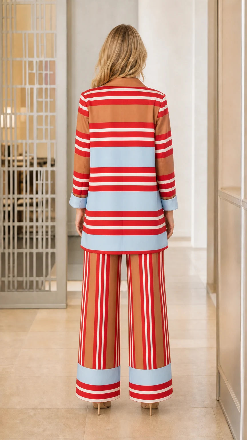 Back view of woman wearing brown striped blazer and trousers