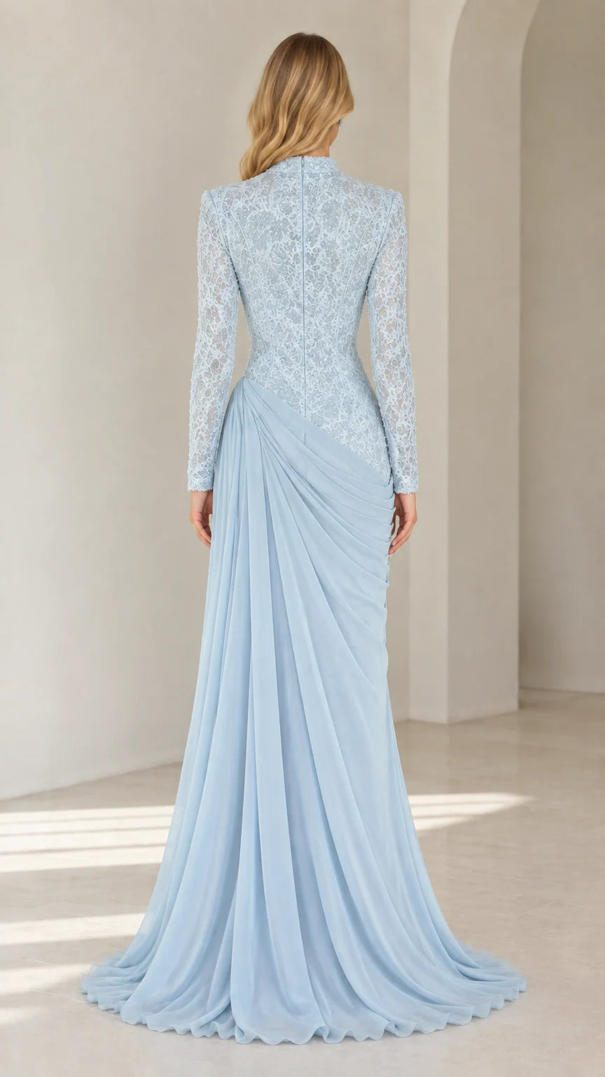 Back view of light blue lace long sleeve formal gown with floor sweeping skirt