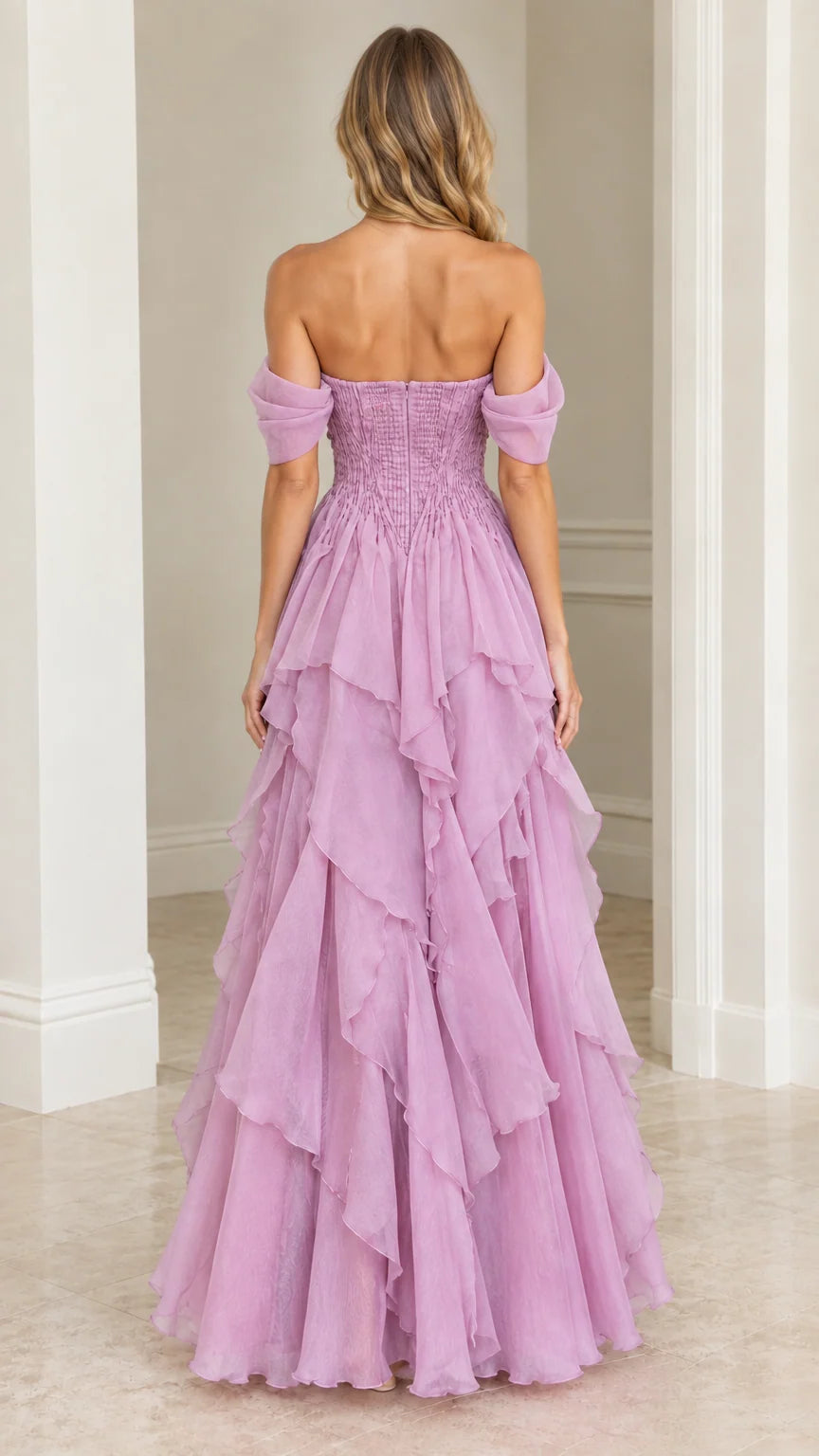 Back view of model wearing Lilac off-the-shoulder ruffled formal dress