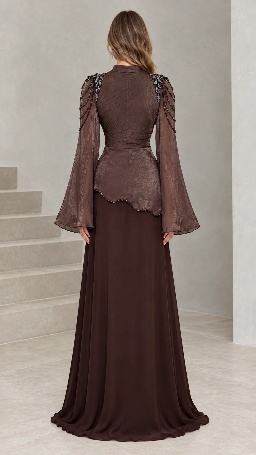 Back view of Chocolate Brown floor-length formal evening gown with bell sleeves