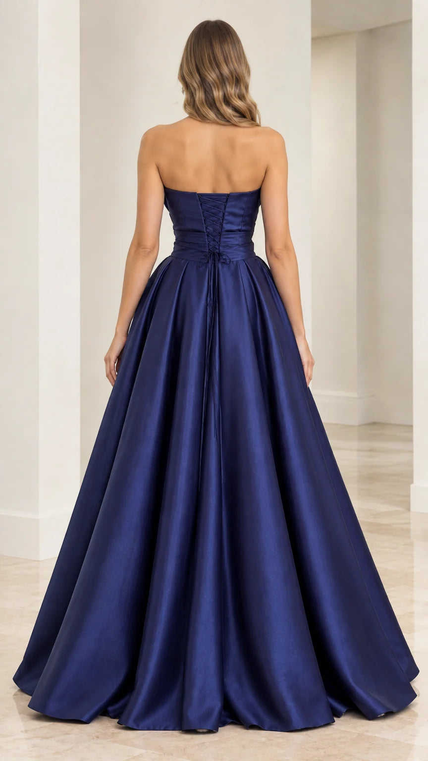 Back view of navy blue satin ball gown showcasing adjustable lace-up corset back closure