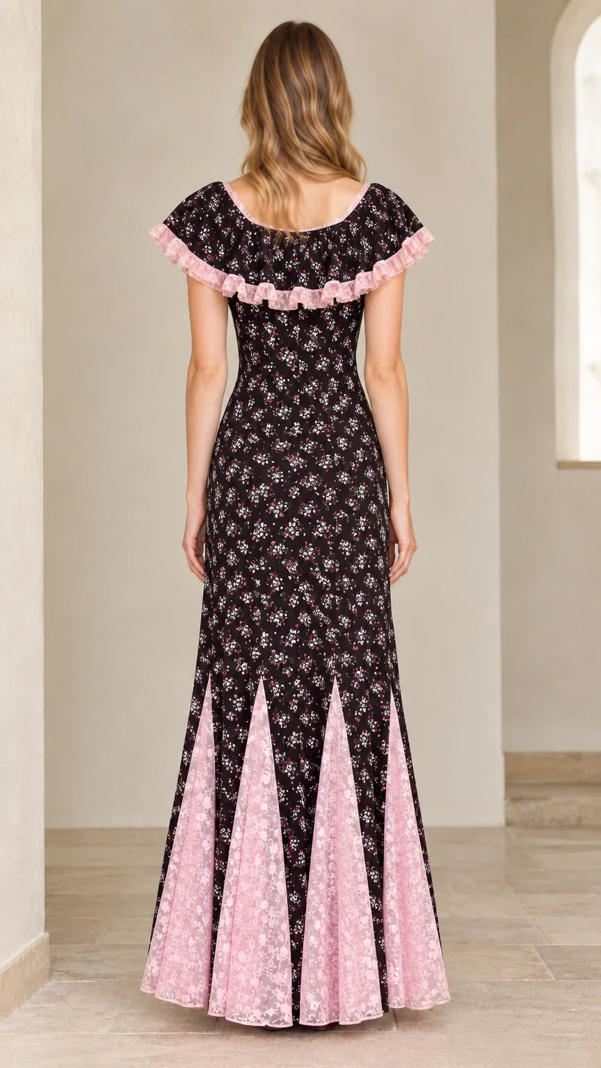 Back view of black floral maxi dress with wide ruffled lace neckline