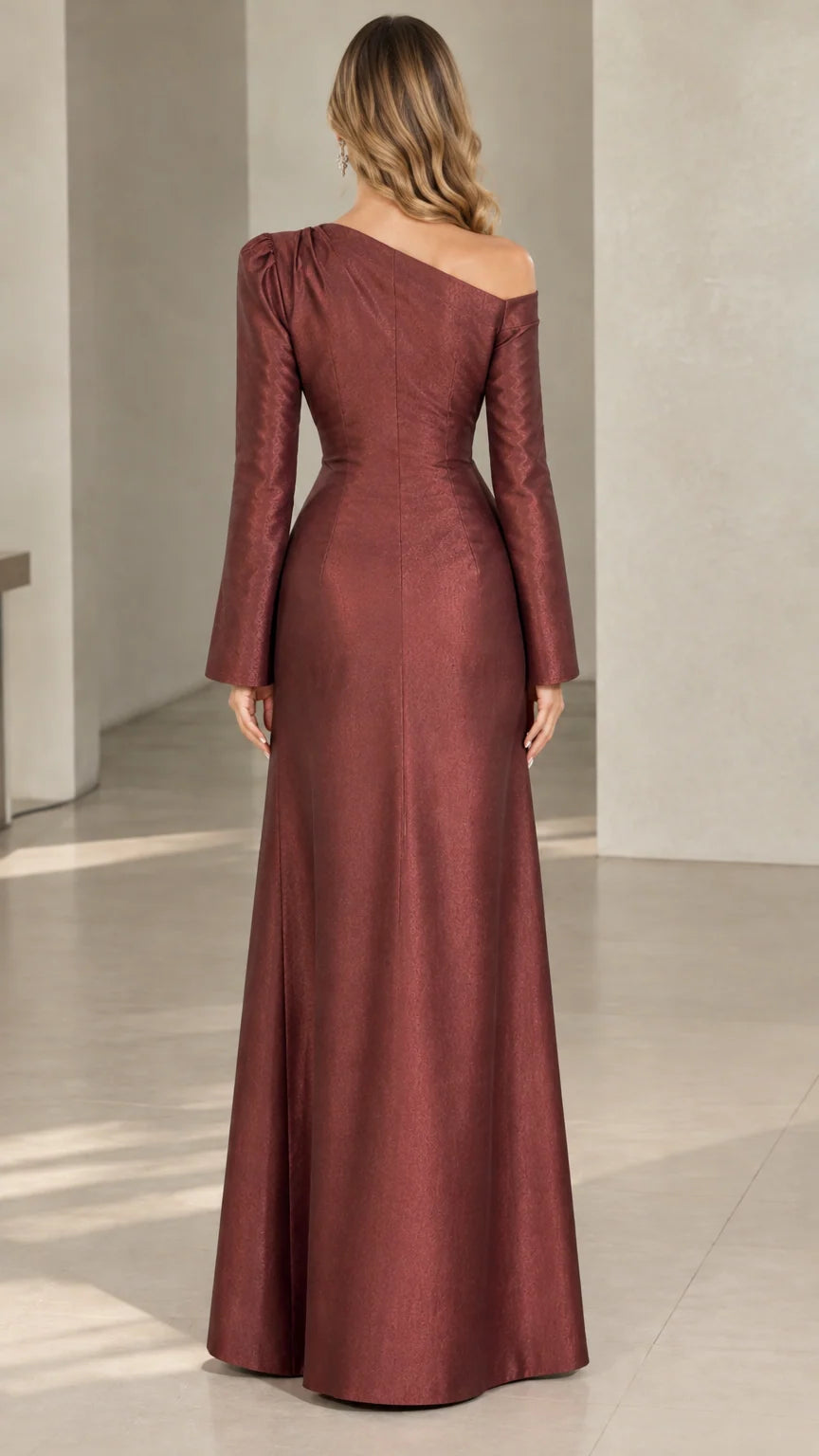 Back view of burgundy one-shoulder evening gown with back zipper