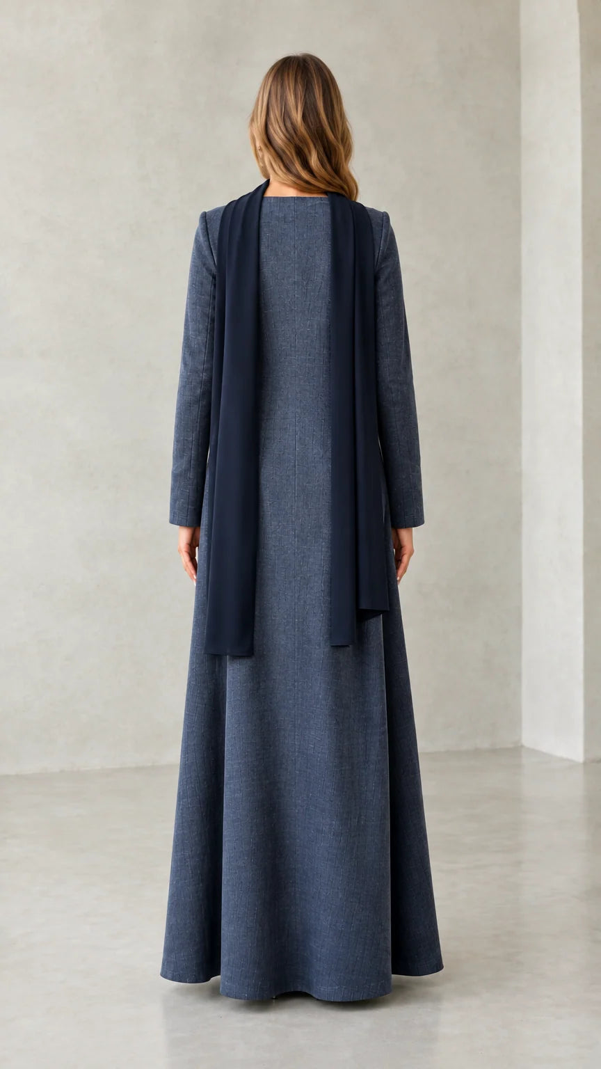 Back view of model wearing Slate Blue maxi dress with draped scarf