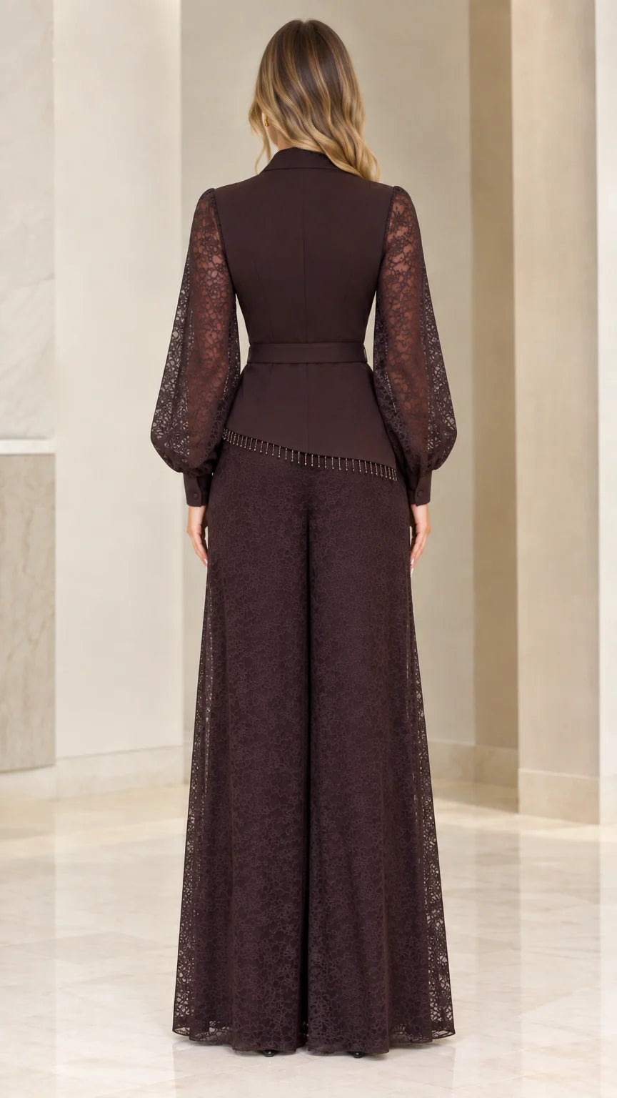Back view of Chocolate Brown evening lace jumpsuit showing fitted bodice and wide legs