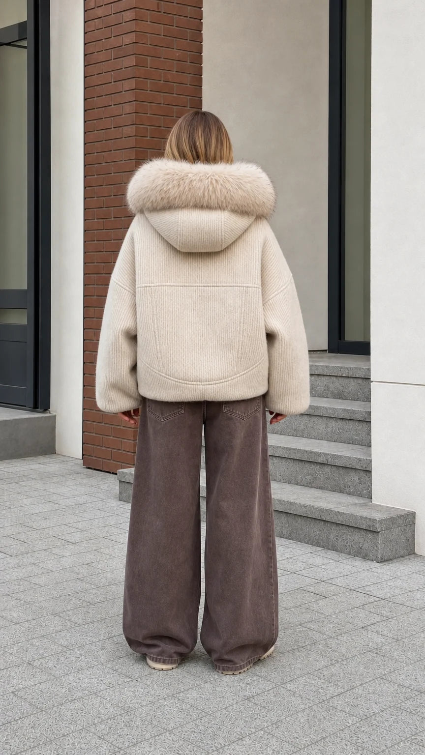 Back view of cream textured ribbed bomber jacket showing full faux fur hood