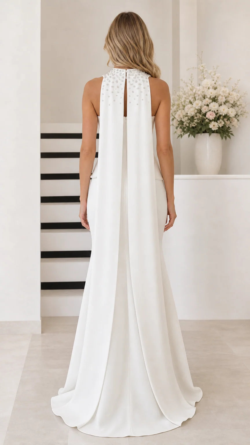 White formal evening dress back view showing embellished neck and cape train