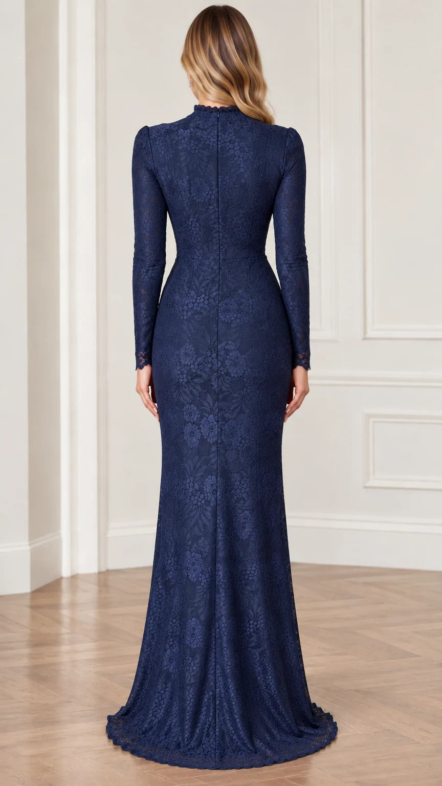 Back view of navy blue high neck long sleeve lace evening gown