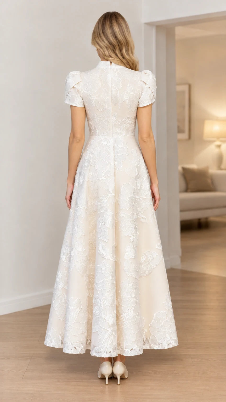 Ivory floral jacquard maxi dress back view showing zipper and full skirt