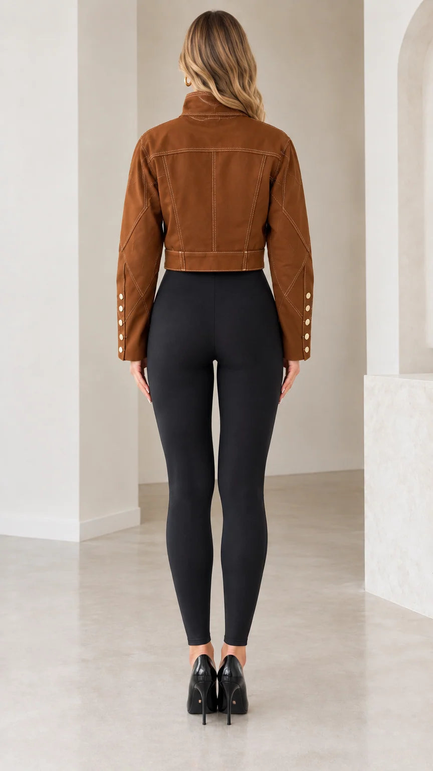 Back view of Caramel Brown cropped jacket showing structured paneling and waistline