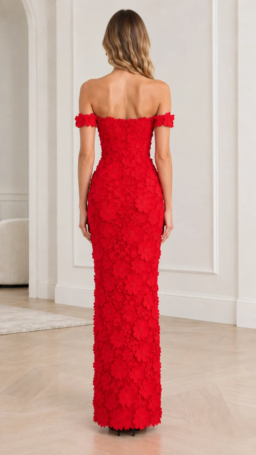 Red floral appliqué formal maxi dress back view