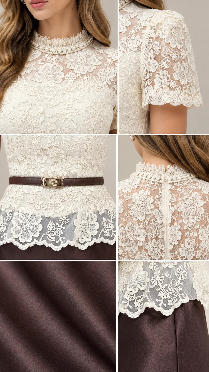 Close-up details of pearl mock neckline, floral lace texture, waist belt, and satin fabric