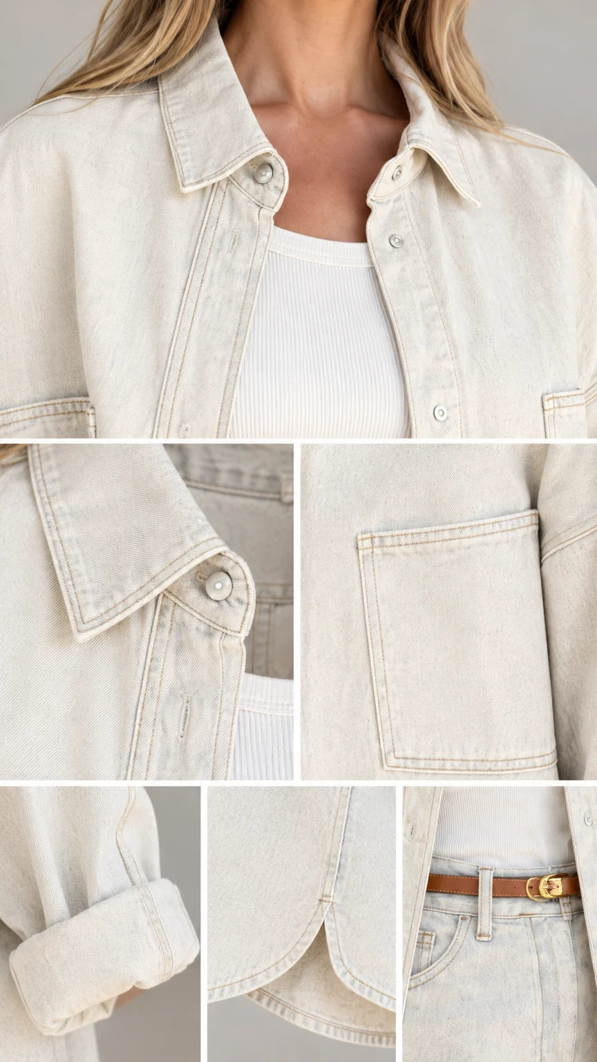 Close-up details of button-down shirt collar, chest pocket, cuff, and curved hem