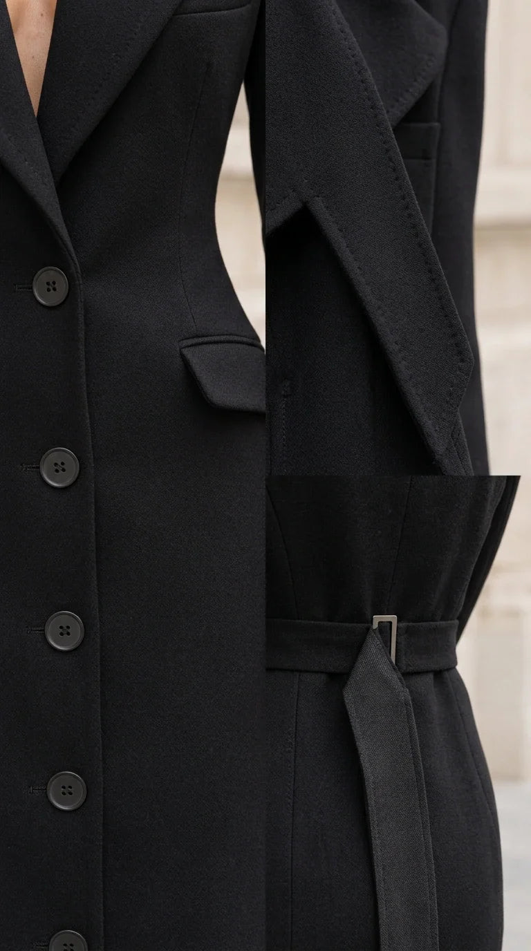 Close-up detail of black blazer dress lapel, buttons, and back waist buckle