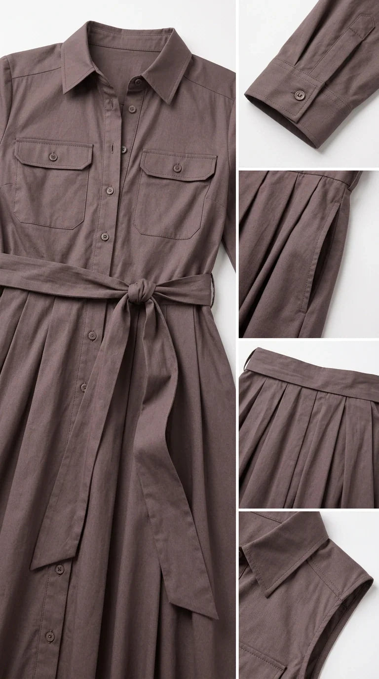 Detailed product shots of collar, buttoned cuffs, side pockets, and pleating