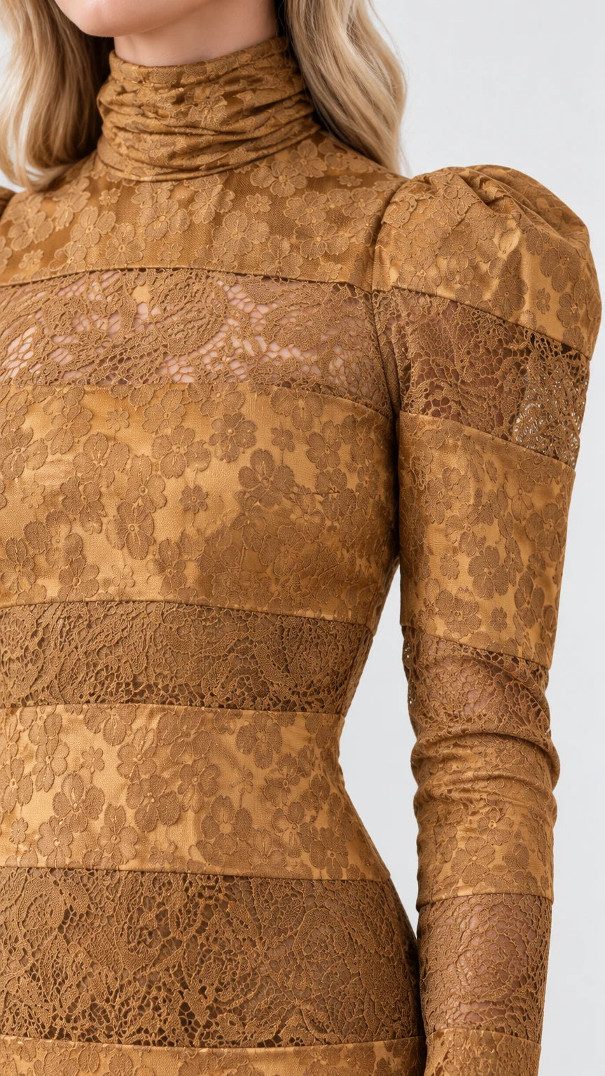 Close-up detail of Mustard Brown floral lace high neck collar and puff sleeve design
