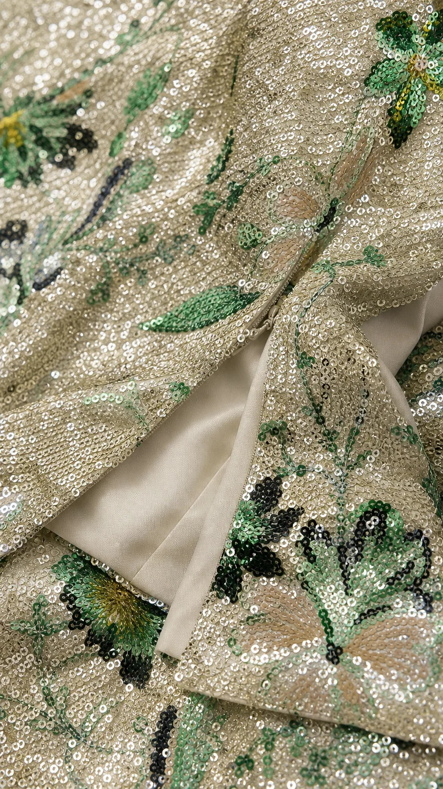 Close-up detail of floral sequin fabric and hemline