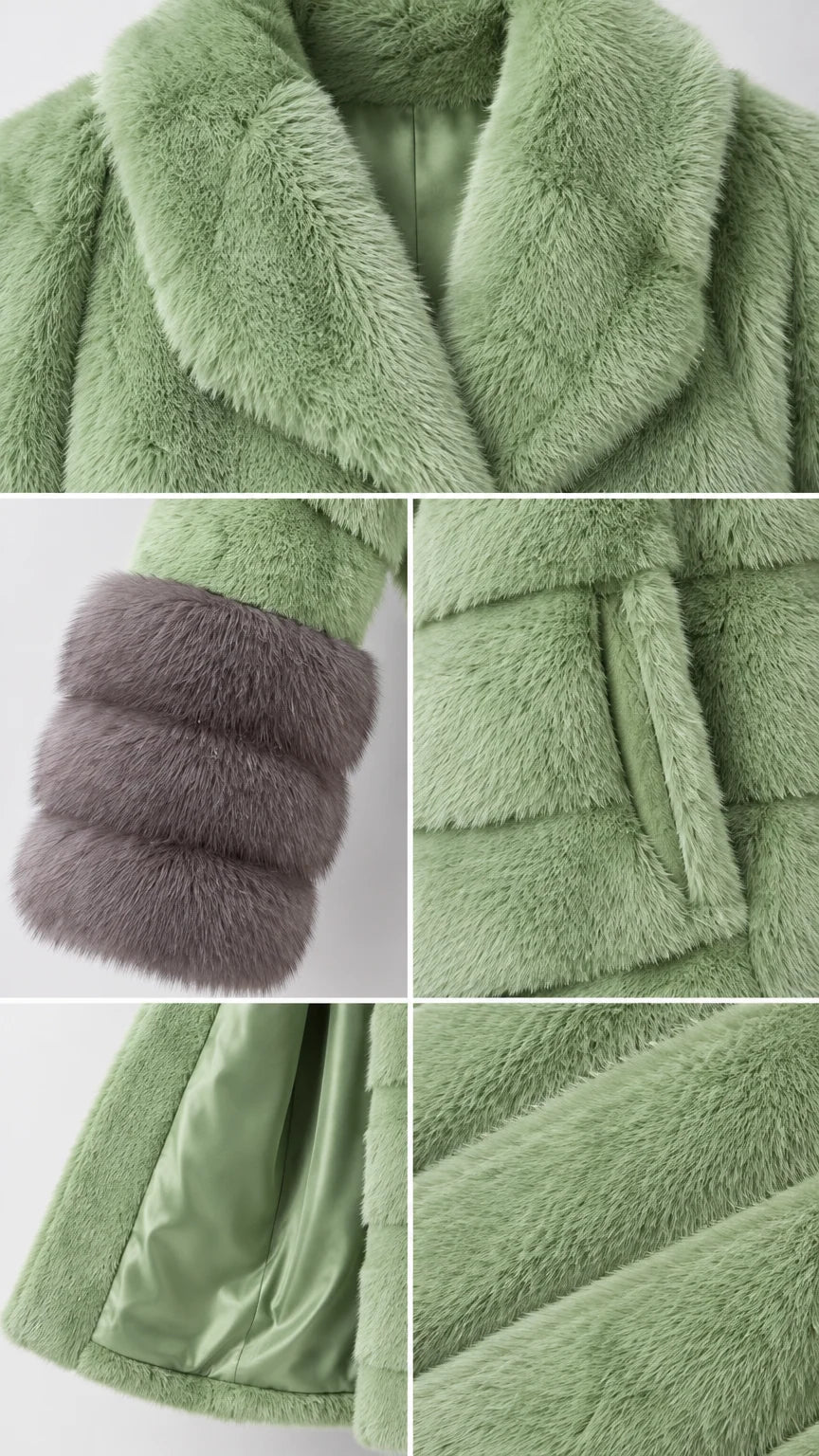 Detail view of collar, contrast cuffs, pocket, and interior lining on sage green coat