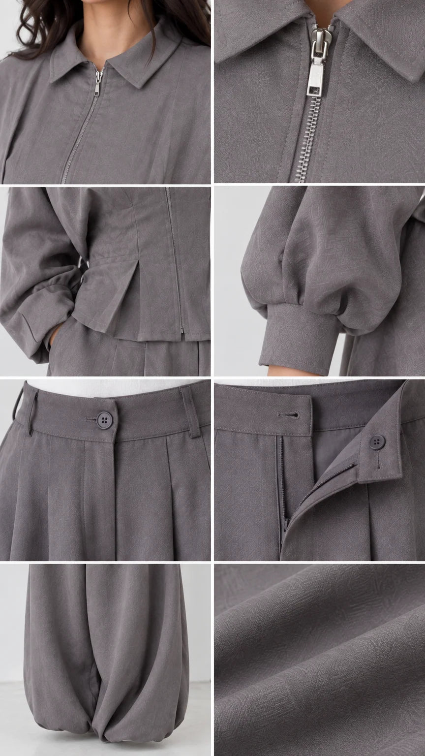 Close-up details of grey zip collar, waist pleats, cuff buttons, and woven fabric texture