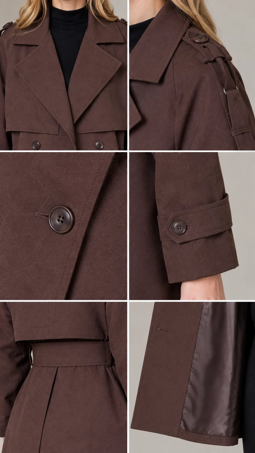 Close-up details of collar, shoulder tabs, buttons, and lining on brown trench coat