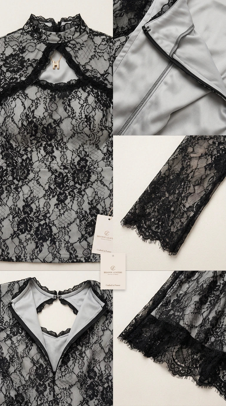 Detailed close-up of delicate floral lace fabric, neckline cutout, and zipper construction