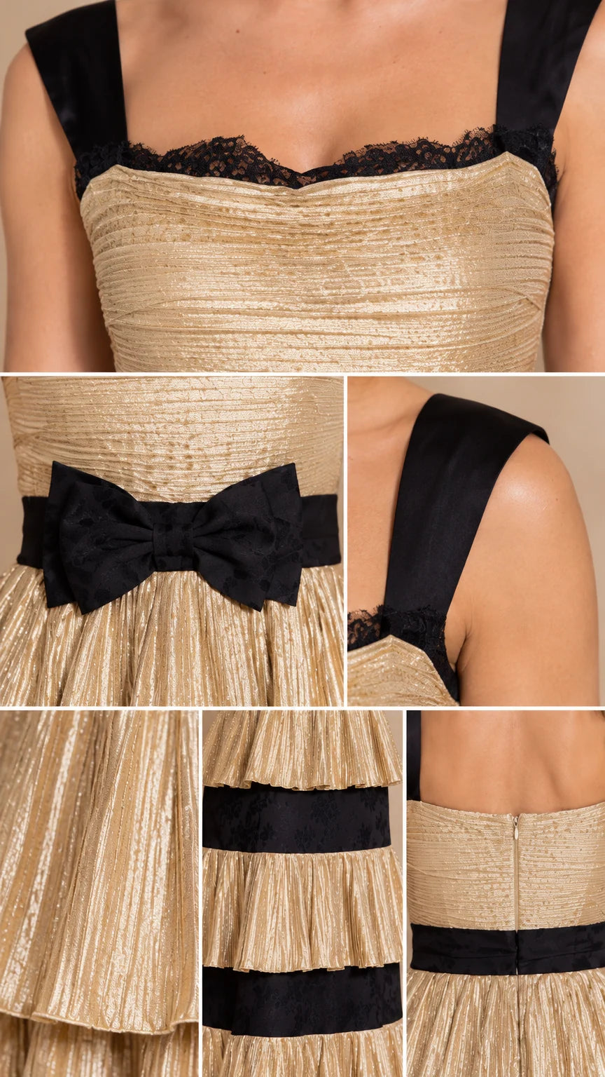 Close-up details of neckline lace, waist bow belt, and pleated tier construction