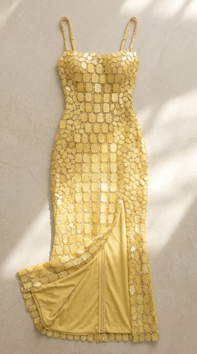 Flat lay of Yellow sequin gown showing soft lining and side slit detail