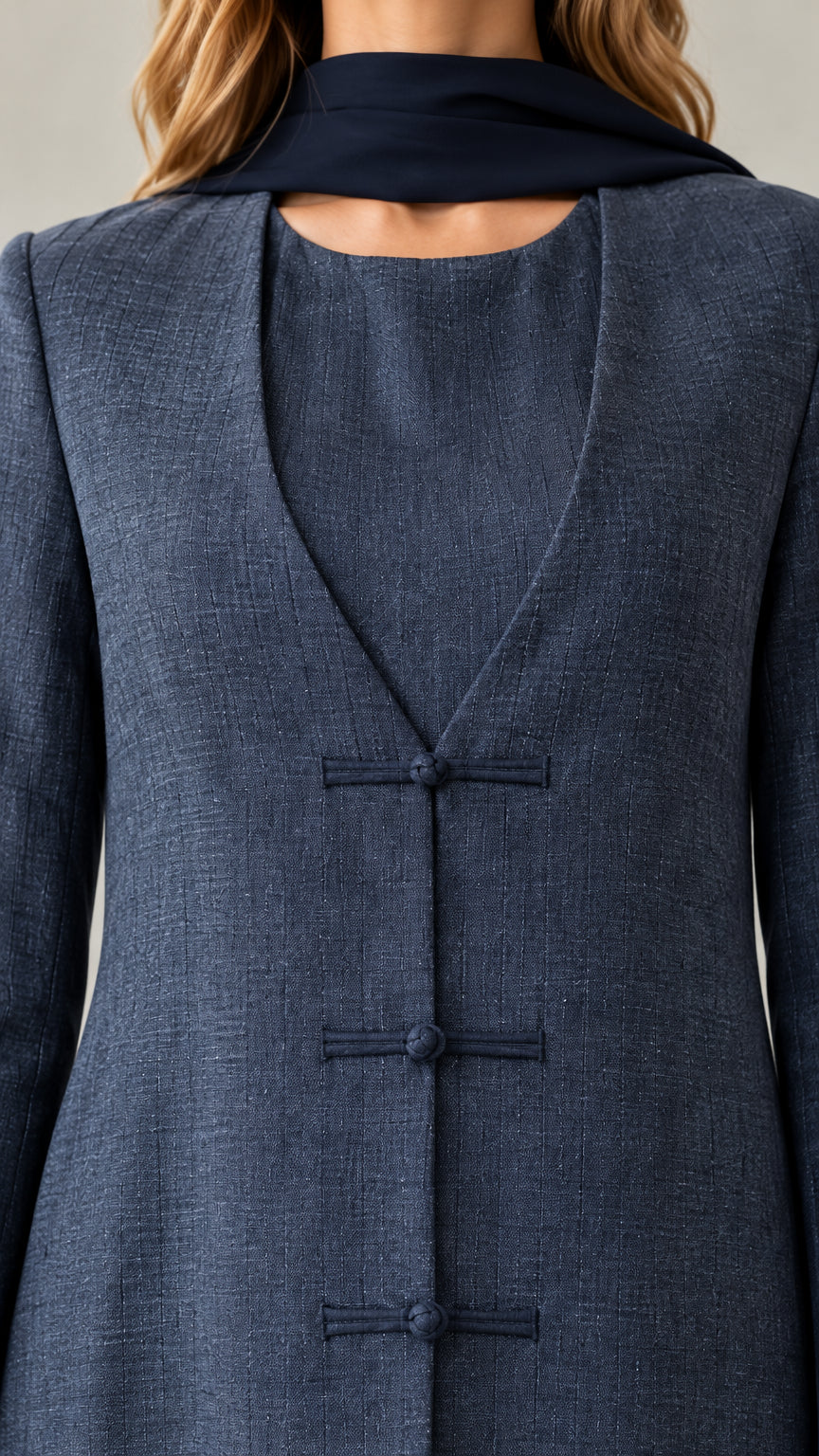 Close-up detail of textured weave, neckline, and front knot buttons on blue dress