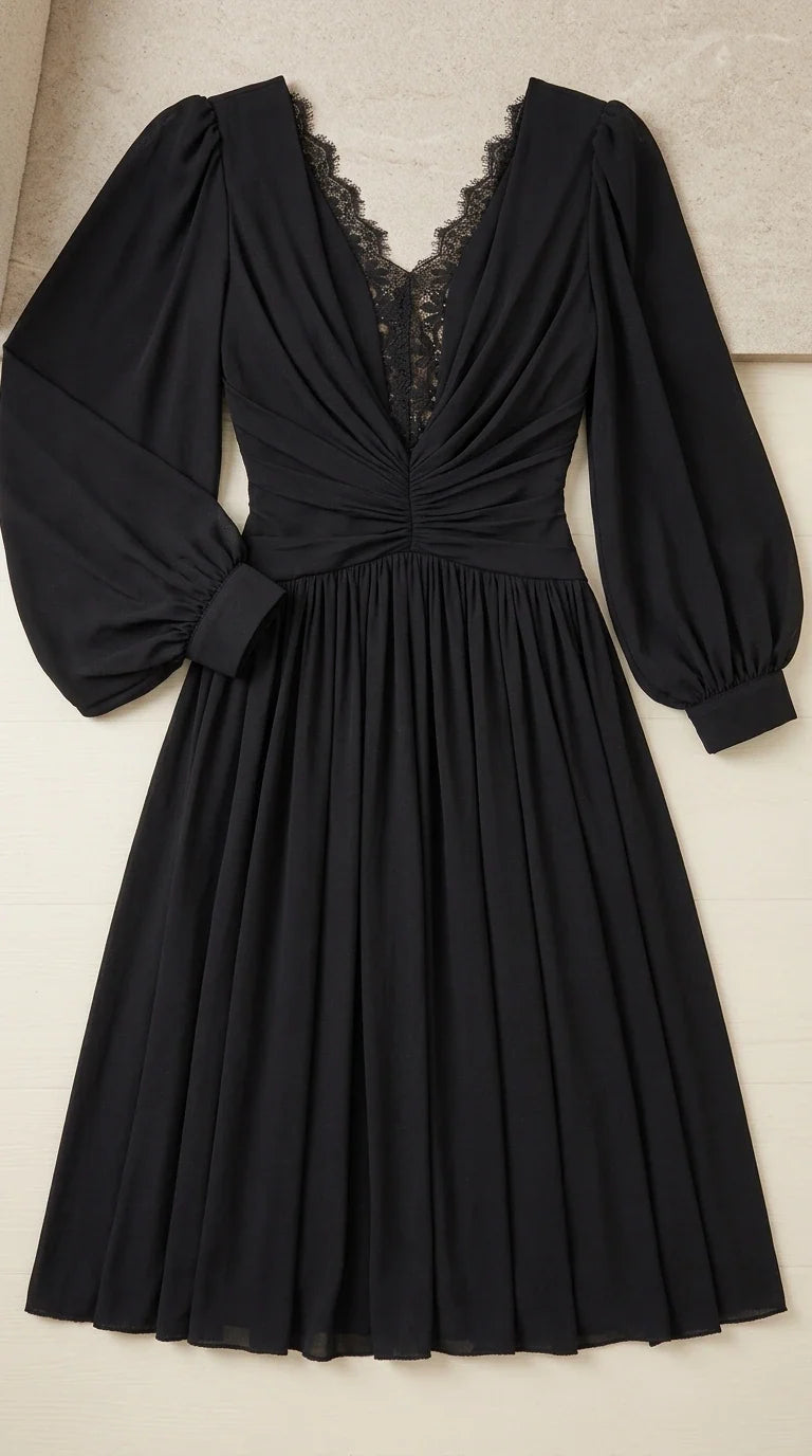 Flat lay view of black lace V-neck long sleeve maxi dress