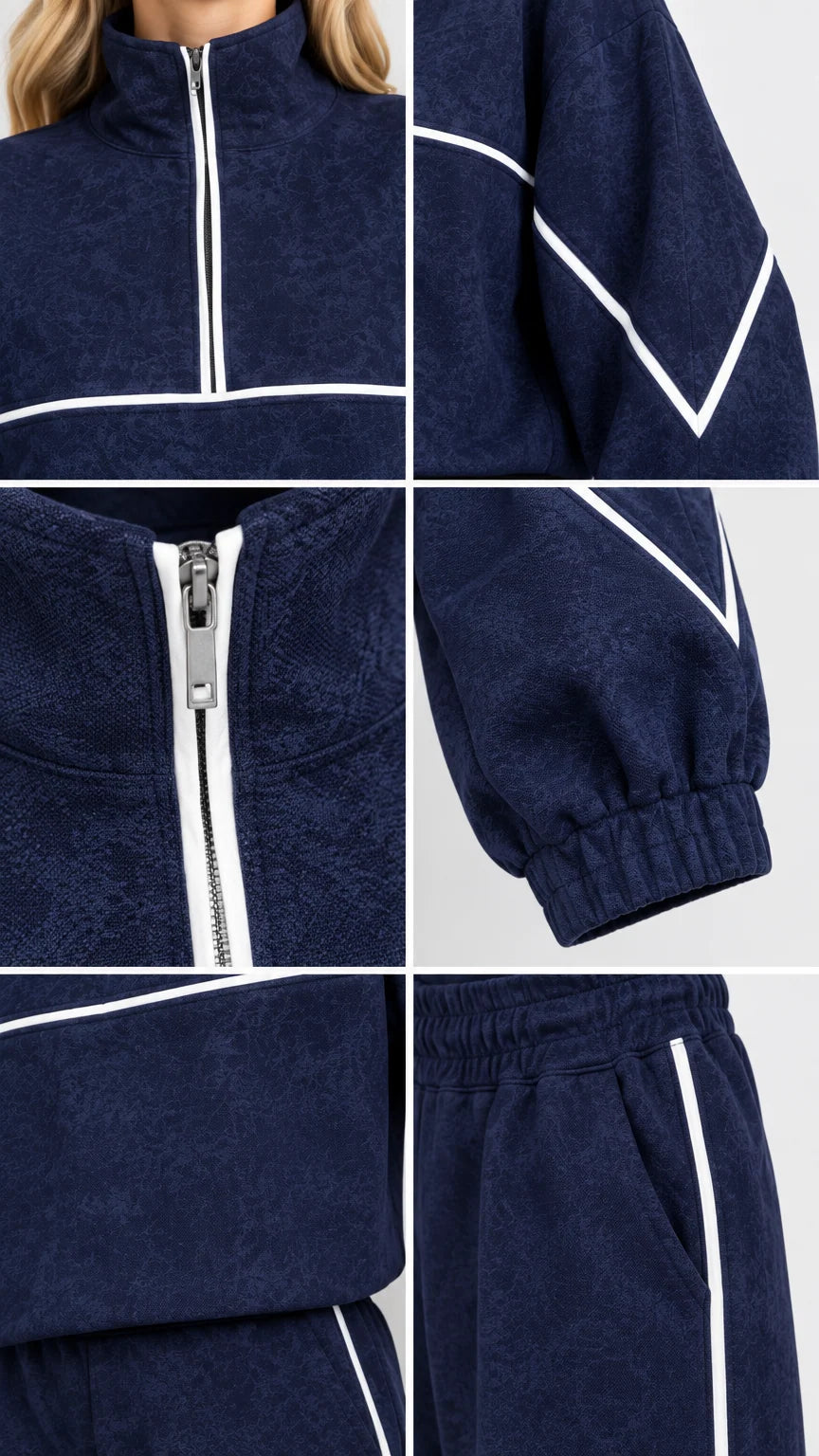 Detail view of quarter-zip neckline, cuffs, fabric texture, and piping