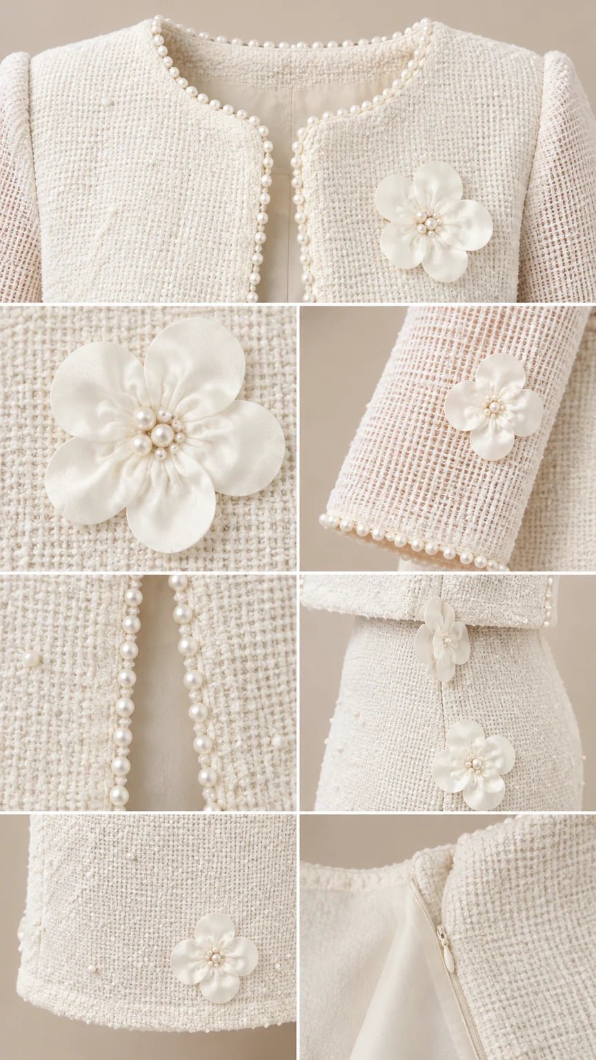 Detailed close-up collage of tweed fabric, pearl beading, 3D floral applique, and zipper closure