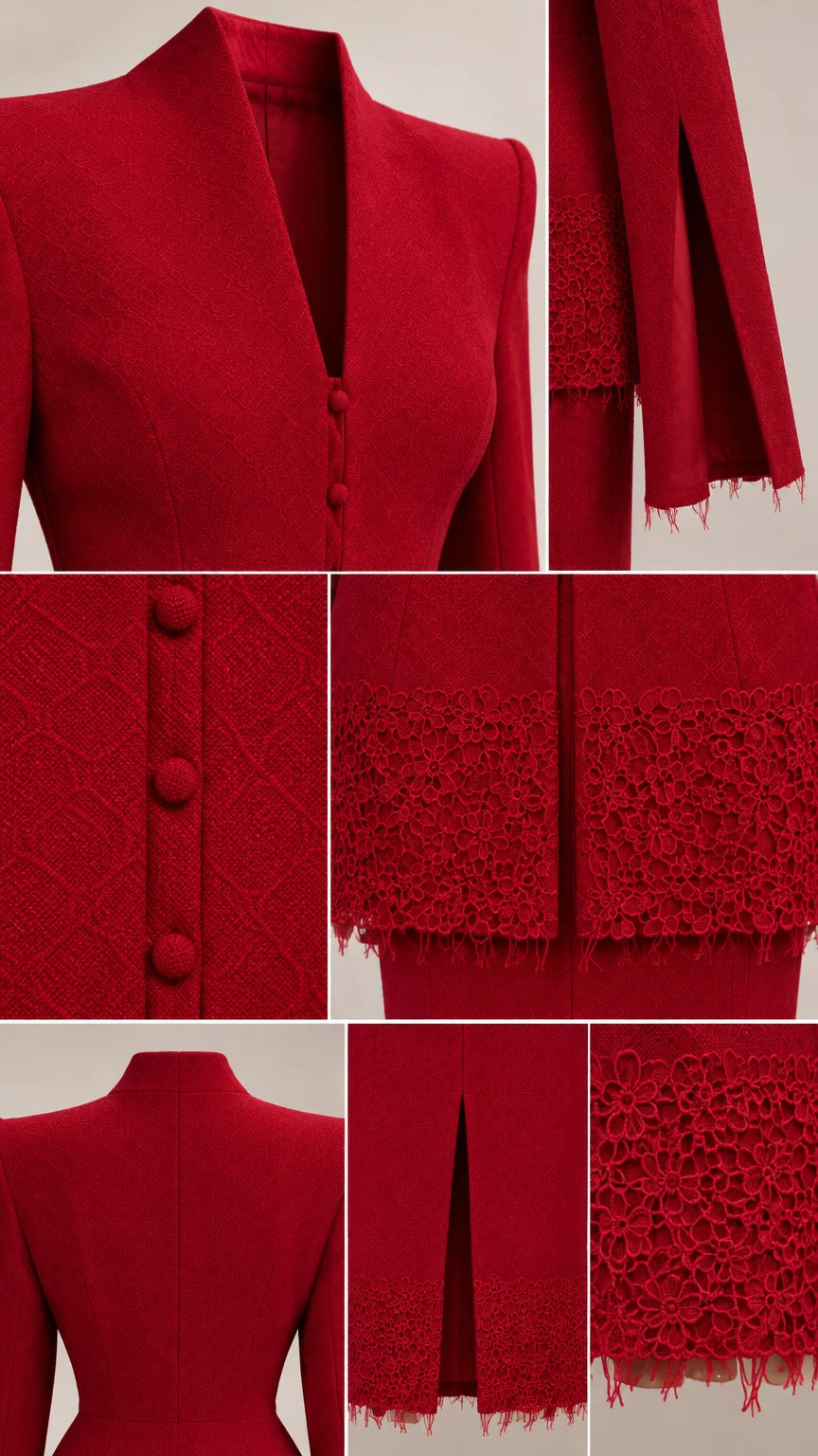 Close-up details of collar, covered buttons, split sleeves, and lace hem
