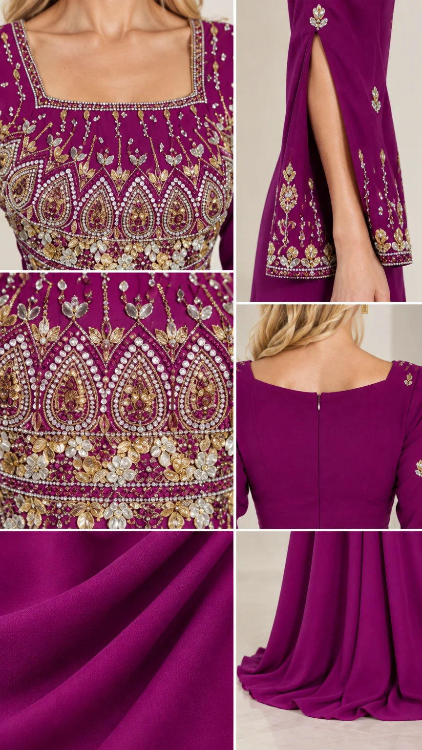 Detailed close-ups of bodice embroidery, sleeve cuffs, zipper, and fabric texture in magenta
