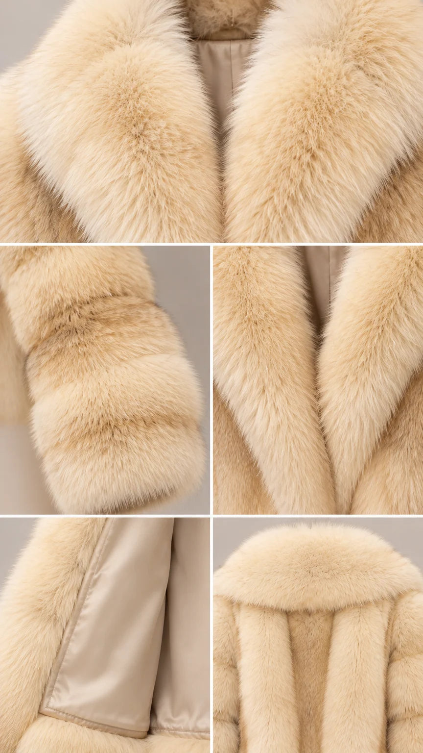 Detailed close-up views of Champagne Beige faux fur jacket collar, cuff texture, lapel, and smooth inner lining