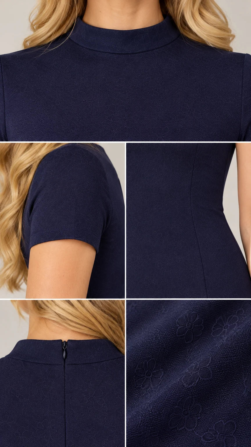 Close-up details of collar, sleeve, waist seam, back zipper, and textured fabric