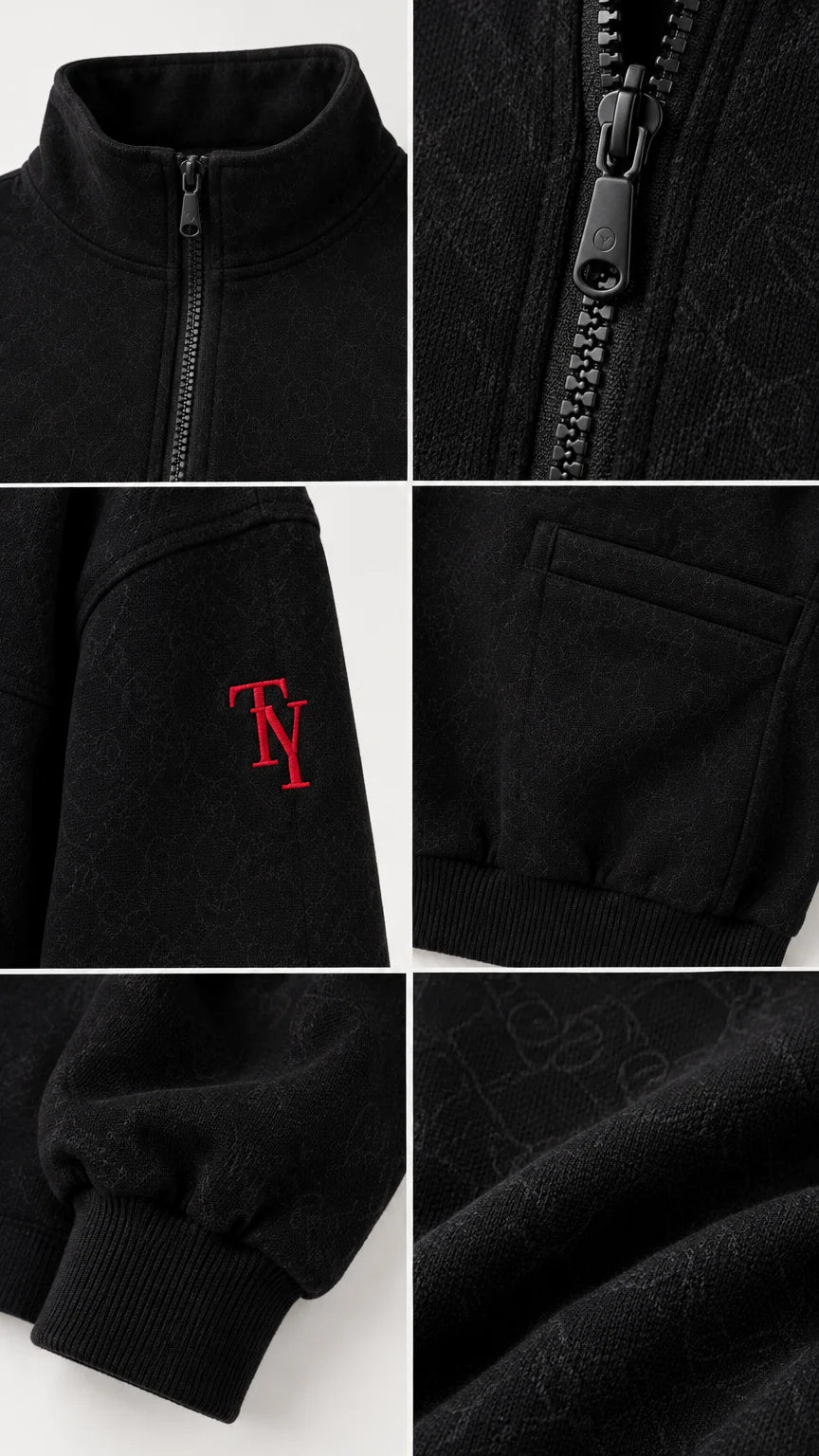 Detailed close-ups of half-zip collar, sleeve embroidery, pocket, and ribbed cuff texture