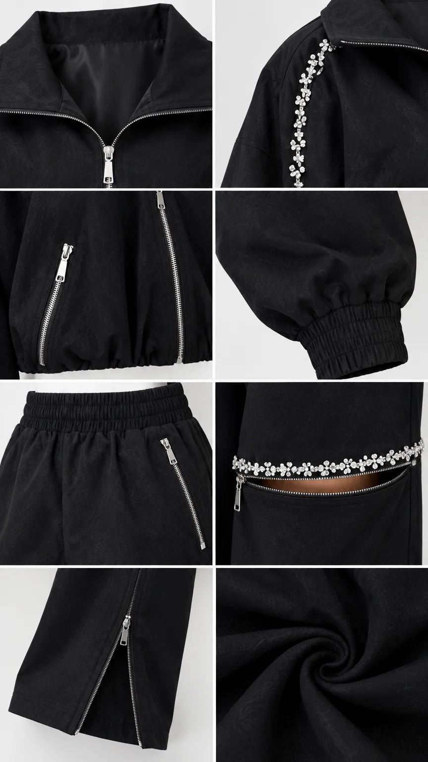 Close-up details of rhinestone trim, metal zippers, elastic cuffs, and cut-out knee design