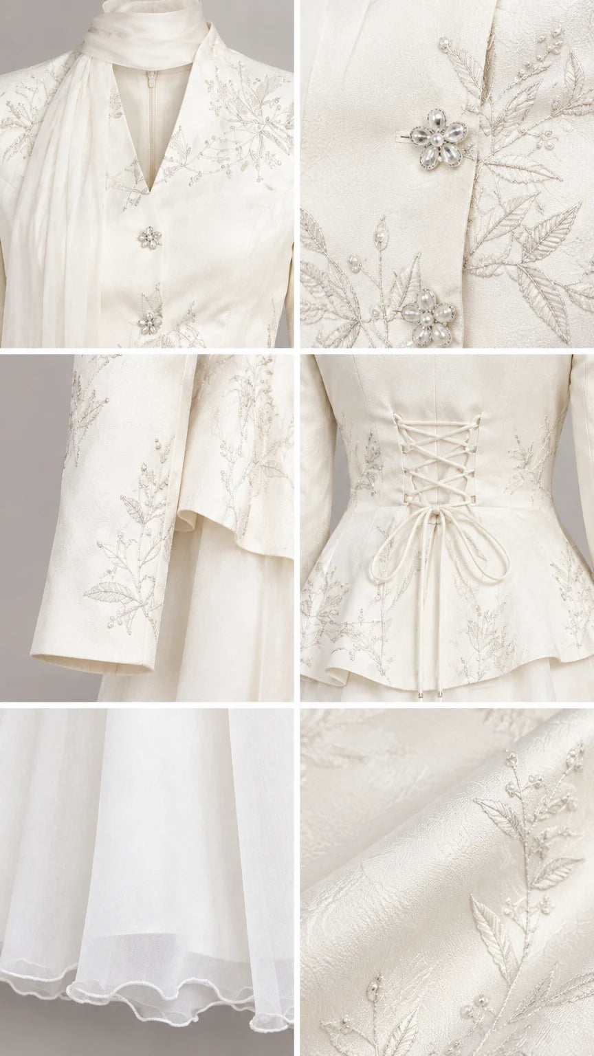 Close-up details of embroidery, rhinestone buttons, and lace-up corset tailoring