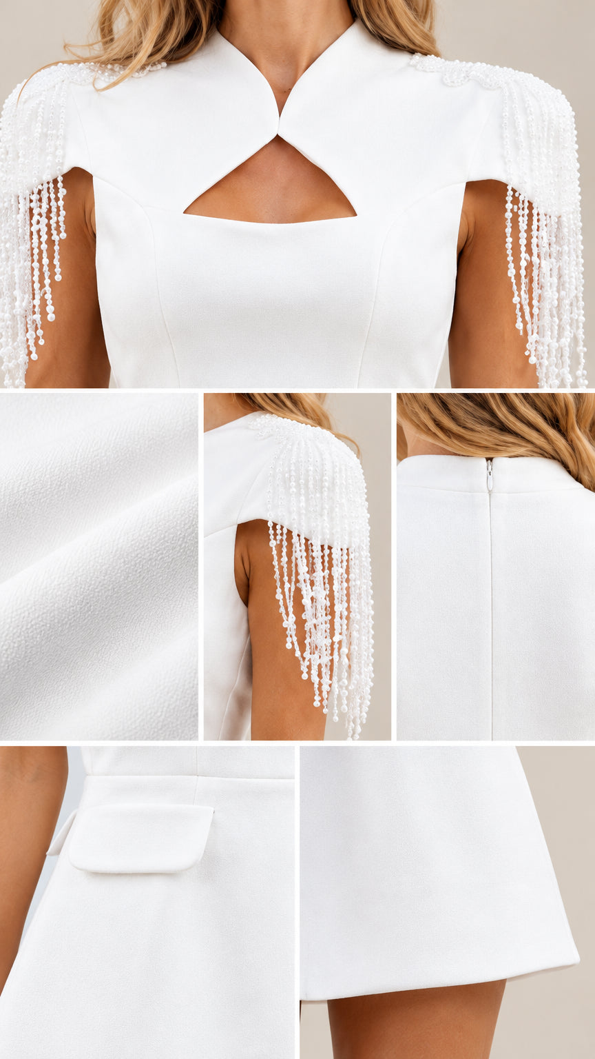 Close-up details of neckline cutout, beaded fringe shoulder, fabric texture, and pocket flap