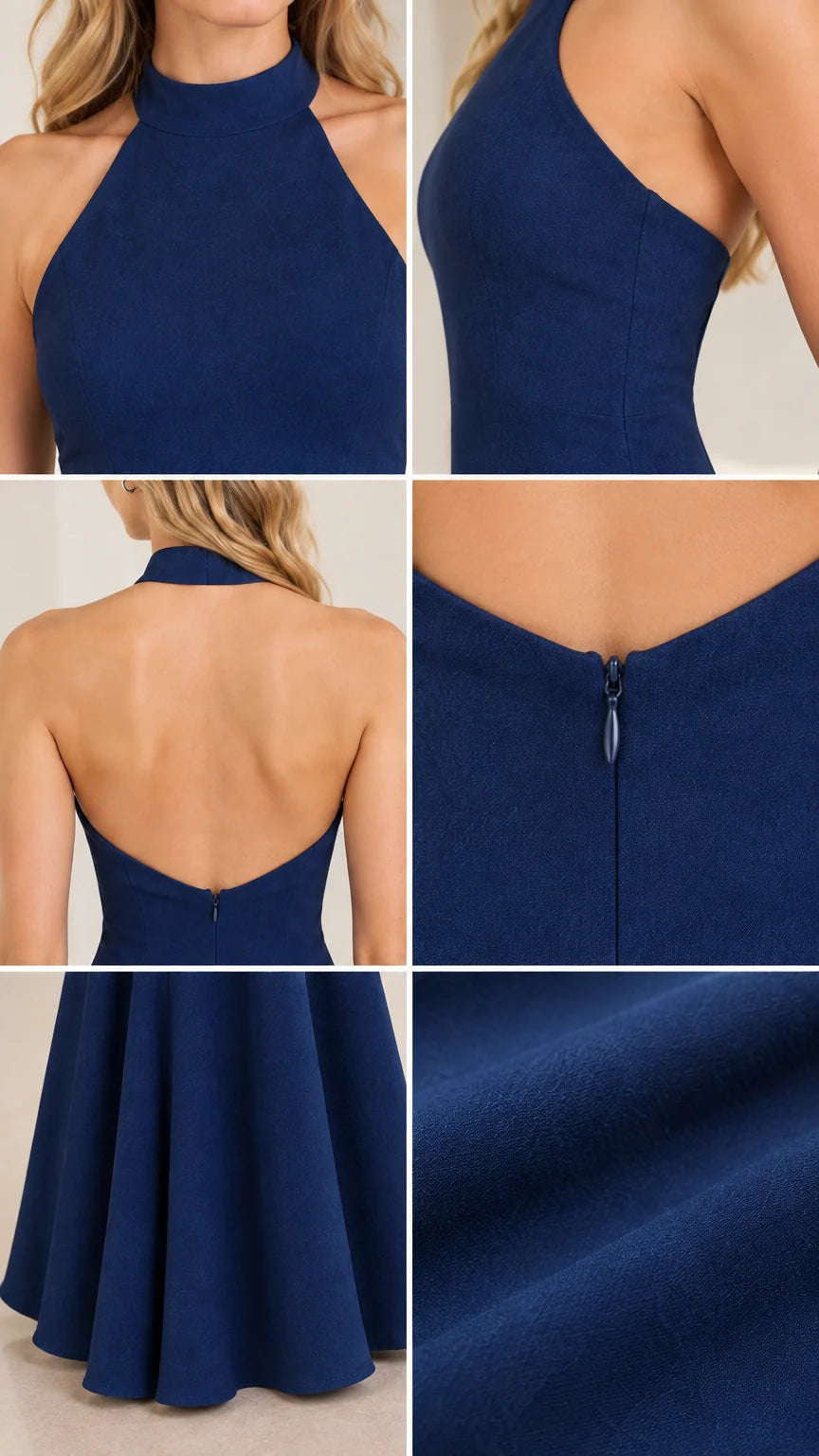 Detail collage showing neckline, back cutout, zipper, and fabric texture