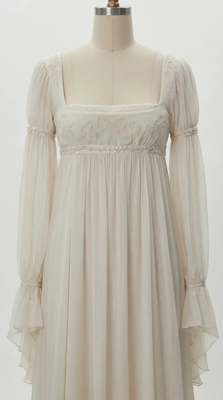 Close-up detail of embroidered bust and flared sleeves on ivory gown mannequin