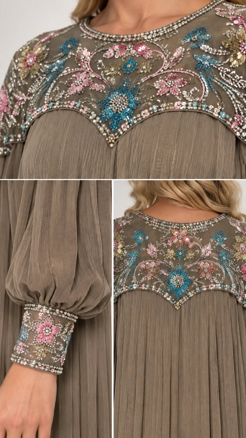 Close-up detail of colorful floral beading, sequins, and embroidered cuffs